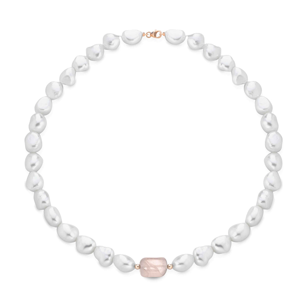 Collana in oro rosa con perle barocche e quarzo rosa