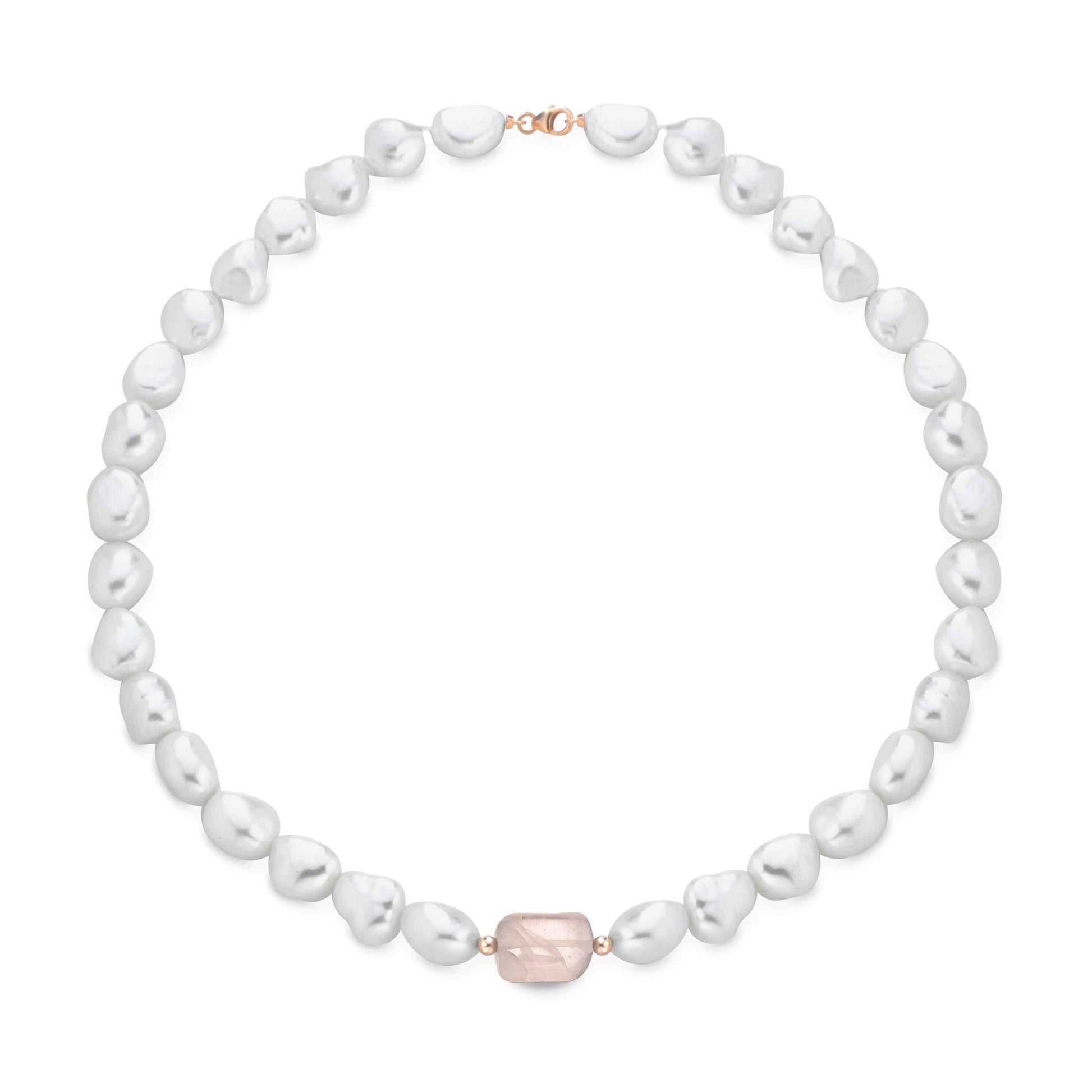 Collana in oro rosa con perle barocche e quarzo rosa