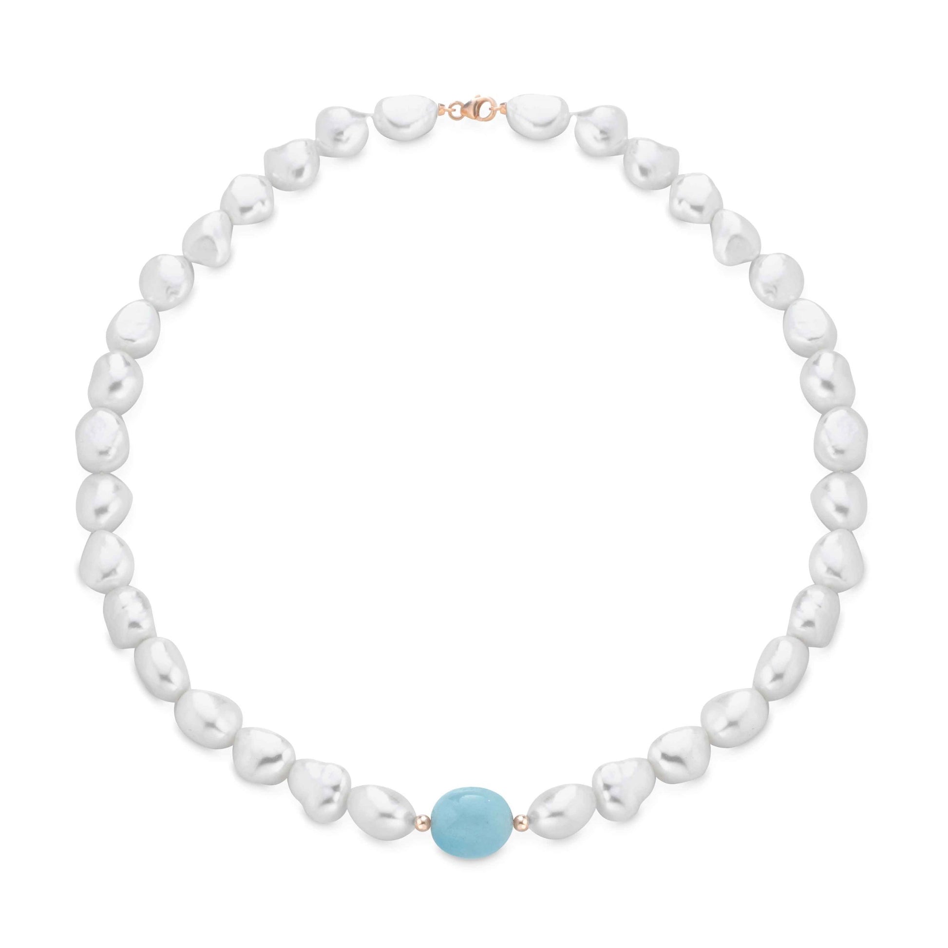 Collana in oro rosa con perle barocche e acquamarina