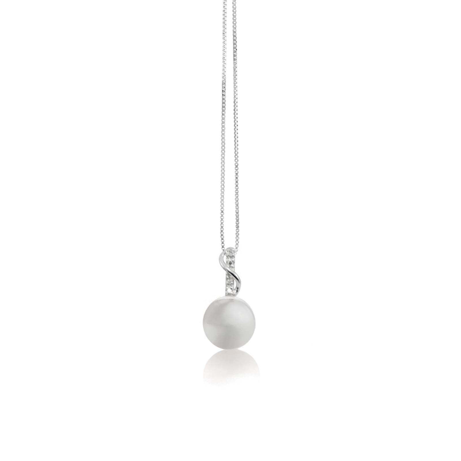 Pendente con catena in oro bianco 18kt, perla coltivata d'acqua dolce e diamanti