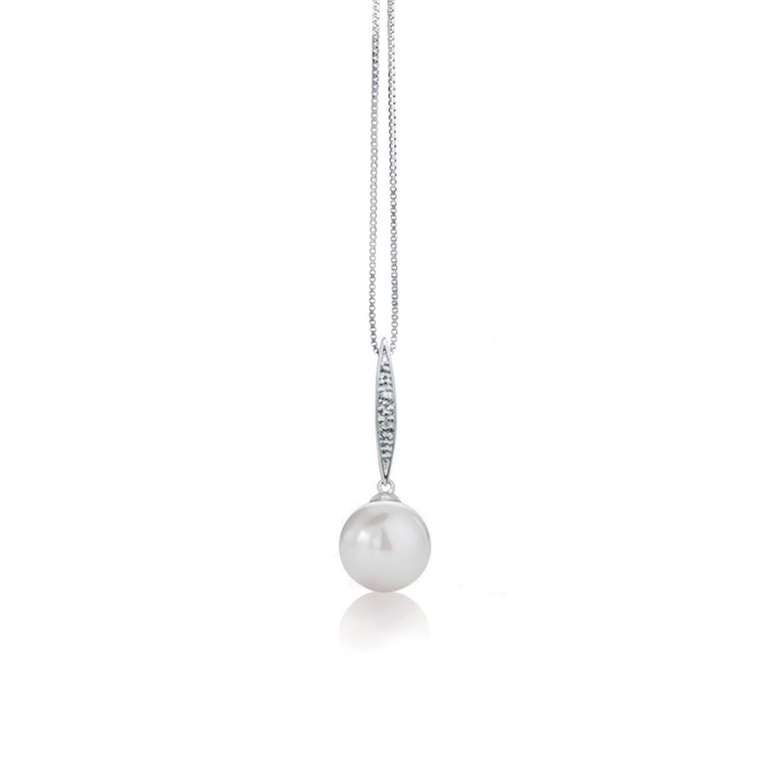 Pendente con catena in oro bianco 18kt, perla coltivata d'acqua dolce e diamanti